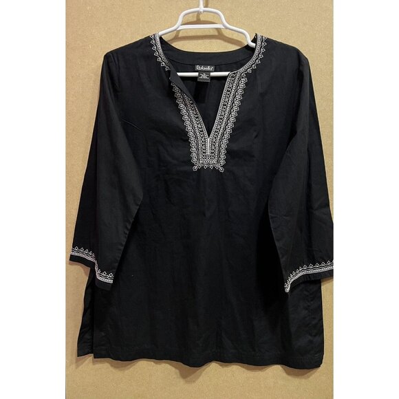 Rafaella Tops - rafaella Top women Size 10 black cotton embroidered 3/4 Sleeves Medium